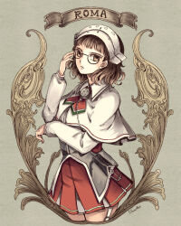  1girl adjusting_eyewear breasts brown_eyes brown_hair capelet character_name closed_mouth commentary_request cropped_legs garter_straps glasses hand_on_eyewear headdress kantai_collection long_sleeves looking_at_viewer medium_breasts orange_yanagi pince-nez pleated_skirt red_skirt roma_(kancolle) short_hair simple_background skirt solo white_capelet 