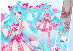  1girl :o ahoge arm_at_side armpits bare_shoulders barefoot belt big_hair blue_hair blush_stickers bow bowtie breasts character_name collared_dress curious detached_sleeves diagonal-striped_thighhighs dress hair_bow hand_up highres kuntou_art long_hair looking_at_viewer monster_girl multiple_views open_mouth original pink_belt pink_bow pink_dress pink_thighhighs polka_dot polka_dot_bow polka_dot_dress single_thighhigh sleeve_belt sleeveless sleeveless_dress slime_girl small_breasts solo swept_bangs teeth thigh-highs upper_teeth_only very_long_hair violet_eyes white_bow white_dress white_thighhighs wide_sleeves zoom_layer 