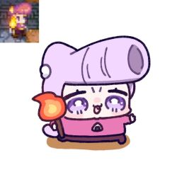  1girl :3 :d alternate_hairstyle animal_ear_fluff animal_ears blush_stickers bright_pupils cat_ears cat_girl cat_tail chibi chibi_only commentary_request food_print full_body holding holding_torch hololive nekomata_okayu onigiri_print open_mouth pink_shirt print_shirt purple_hair reference_inset shirt short_hair simple_background smile solo tail torch violet_eyes virtual_youtuber white_background white_pupils yananang 