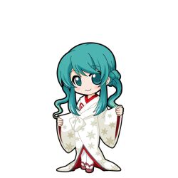  1girl aqua_eyes aqua_hair black_outline blush chibi chibi_only closed_mouth full_body game_asset gradient_hair hair_tied_together hatsune_miku hatsune_miku_graphy_collection japanese_clothes kimono long_hair long_sleeves looking_at_viewer multicolored_hair okobo outline platform_sandals sandals shiromuku smile snowflake_print solo standing tabi transparent_background twintails twintails_with_hair_base uchikake vocaloid yuki_miku yuki_miku_(2013) 