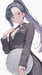  1girl :< alternate_costume alternate_hairstyle black_hair breasts butler chisamikan closed_mouth commentary_request cowboy_shot eunhwa_(nikke) female_butler goddess_of_victory:_nikke hair_tie hand_up highres holding holding_tray long_hair long_sleeves medium_breasts partially_unbuttoned ponytail signature simple_background single_sidelock solo standing sweatdrop tray very_long_hair watermark white_background 