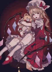  1girl amatukimahoro blonde_hair commentary crystal crystal_wings flandre_scarlet hat heart highres hugging_doll hugging_object looking_at_viewer mary_janes mob_cap multicolored_wings one_side_up open_mouth red_eyes red_shoes red_skirt red_vest shirt shoes sketch skirt skirt_set smile socks solo stuffed_animal stuffed_toy teddy_bear touhou vest white_hat white_shirt white_socks wings wrist_cuffs 