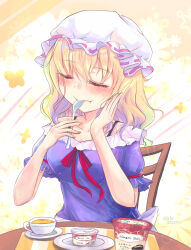  1girl blonde_hair breasts chair closed_eyes collarbone commentary_request cup dessert dress food haagen-dazs hand_on_own_cheek hand_on_own_face hat holding holding_spoon ice_cream long_hair maribel_hearn mob_cap neck_ribbon plate puffy_short_sleeves puffy_sleeves purple_dress red_ribbon ribbon ribbon-trimmed_hat sash short_sleeves sitting sleeve_ribbon solo spoon strap table teruteruyohou touhou white_hat white_sash 