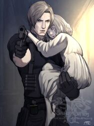  1boy 1girl 5tatsu aged_down aiming aiming_at_viewer barefoot beard belt black_gloves black_pants black_shirt brown_hair carrying carrying_person closed_eyes colored_skin commentary_request copyright_name curtained_hair dress emily_(resident_evil) facial_hair gloves grey_hair gun handgun highres holding holding_gun holding_weapon holster hug leon_s._kennedy looking_at_viewer medium_hair muscular muscular_male pale_skin pants parted_bangs parted_hair pouch resident_evil resident_evil_requiem shirt short_hair short_sleeves stubble weapon white_dress 