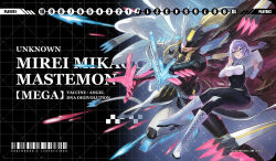  2girls a-er_(akkij0358) adjusting_eyewear armor asymmetrical_wings black_armor black_dress black_pantyhose black_wings blonde_hair boots breasts character_name commentary_request computer covered_eyes digimon digimon_card_game digimon_story:_cyber_sleuth dress glasses glowing_hands helmet helmet_over_eyes holding holding_laptop laptop large_breasts long_hair mastemon mikagura_mirei multiple_girls pantyhose purple_hair sample_watermark semi-rimless_eyewear shirt short_hair under-rim_eyewear violet_eyes watermark white_armor white_boots white_shirt white_wings wings 