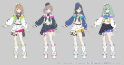  4girls :d ashima_(roro046) black_hair black_hat black_jacket black_shirt black_skirt blue_eyes blue_hat blue_jacket blush brown_hair closed_mouth commentary_request company_name concept_art copyright_notice crop_top frown full_body green_hair green_shirt grey_eyes grey_shirt hair_between_eyes hair_ornament hairclip hanasato_minori hat highres jacket kusanagi_nene long_sleeves low-tied_sidelocks mochizuki_honami multiple_girls navel official_alternate_costume official_art pink_skirt project_sekai puffy_long_sleeves puffy_sleeves purple_skirt shiraishi_an shirt shoes side_ponytail sidelocks skirt sleeveless sleeveless_shirt smile star_(symbol) star_hair_ornament thigh_strap violet_eyes web_address white_hat white_jacket white_shirt white_shoes white_skirt yellow_eyes yellow_skirt 