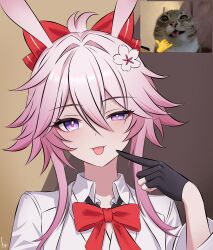  1girl absurdres abysssian animal animal_ears artist_name black_gloves bow bowtie cat collared_shirt commentary emoji english_commentary evanescia_(honkai:_star_rail) flower fox_ears fox_girl gloves hair_between_eyes hair_bow hair_flower hair_intakes hair_ornament highres honkai:_star_rail honkai_(series) long_hair looking_at_viewer meme partially_fingerless_gloves photo_inset pink_hair pointing pointing_at_self portrait red_bow red_bowtie reference_inset rigby_the_cat_(meme) shirt signature solo tongue tongue_out violet_eyes white_flower white_shirt 