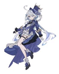  1girl ahoge ascot asymmetrical_gloves black_ascot black_shoes blue_eyes blue_gem blue_hair blue_hat blue_jacket closed_mouth commentary drop-shaped_pupils full_body furina_(genshin_impact) gem genshin_impact gloves hair_between_eyes hat high_heels highres if959u jacket long_hair long_sleeves looking_at_viewer mismatched_gloves multicolored_hair ouji_fashion shoes shorts simple_background smile socks solo standing streaked_hair symbol-shaped_pupils thigh_strap top_hat untranslatable_commentary white_background white_shorts white_socks 