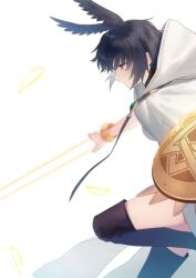  1girl arm_shield black_hair black_thighhighs bracelet breasts cloak commentary_request energy_spear expressionless fate/grand_order fate_(series) feathers feet_out_of_frame head_wings henoaokamoheji holding holding_polearm holding_weapon hood hood_down jewelry looking_ahead ortlinde_(fate) partial_commentary polearm red_eyes simple_background solo thigh-highs valkyrie_(fate) weapon white_background white_cloak wings 