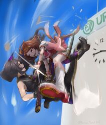  2girls absurdres animal_ears ascot bandaid bandaid_on_face bandaid_on_nose black_gloves black_hair blue_sky boots breasts brown_hair clash clock clouds crossed_swords ear_covers fighting fingerless_gloves flower-shaped_pupils flower_in_eye gloves highres holding holding_sword holding_weapon horse_ears horse_girl horse_tail katana komoro_paint777 long_hair looking_at_viewer multiple_girls narita_brian_(hungry_wolves)_(umamusume) narita_brian_(umamusume) official_alternate_costume open_mouth pink_ascot pink_eyes pink_vest ponytail puffy_short_sleeves puffy_sleeves sakura_laurel_(saisir_le_reve)_(umamusume) sakura_laurel_(umamusume) shirt short_hair short_sleeves shorts single_ear_cover single_fingerless_glove sky sleeveless_robe smile sword sword_clash sword_fight symbol-shaped_pupils symbol_in_eye tail teeth umamusume vest violet_eyes weapon white_boots white_shorts yellow_eyes 