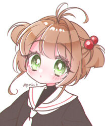  1girl antenna_hair artist_name black_shirt blush brown_hair cardcaptor_sakura commentary_request green_eyes hair_bobbles hair_intakes hair_ornament kinomoto_sakura looking_at_viewer mizuguchi_yunon necktie parted_lips portrait sailor_collar shirt short_hair simple_background solo two_side_up white_background white_necktie white_sailor_collar 