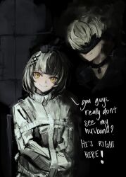  1boy 1girl 9s_(nier:automata) absurdres black_choker black_gloves black_hair blindfold choker commentary english_commentary english_text gloves grey_hair highres hololive hololive_english looking_at_viewer multicolored_hair nier:automata nier_(series) padded_walls shiori_novella short_hair split-color_hair straitjacket tablicoart two-tone_hair virtual_youtuber yellow_eyes 