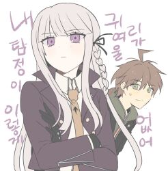  1boy 1girl brown_hair crossed_arms danganronpa:_trigger_happy_havoc danganronpa_(series) green_eyes highres jacket kirigiri_kyoko long_hair merryxmasu naegi_makoto ore_no_imouto_ga_konna_ni_kawaii_wake_ga_nai parody purple_hair purple_jacket shirt short_hair upper_body violet_eyes white_shirt 