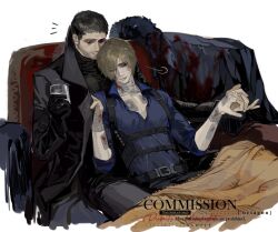  2boys bandaged_hand bandages beard belt between_legs black_hair black_jacket black_shirt blanket blonde_hair blood blood_on_bandages blue_shirt breath check_copyright chest_holster chris_redfield collared_shirt commentary_request copyright_request couch eyes_visible_through_hair facial_hair feet_out_of_frame hair_over_one_eye high_collar highres holding_hands jacket leon_s._kennedy looking_at_viewer male_focus multiple_boys niconekohaco notice_lines one_eye_closed partially_open_shirt popped_collar resident_evil resident_evil_village shirt sitting turtleneck 