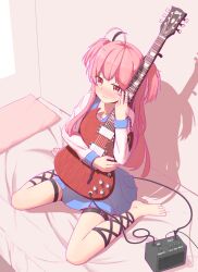  1girl ahoge amplifier angel_beats! bandaged_fingers bandages barefoot black_ribbon blue_sailor_collar blush chinese_commentary closed_mouth commentary crying crying_with_eyes_open demon_tail english_commentary fake_tail full_body furrowed_brow gauze_on_hand guitar hair_between_eyes hand_up highres holding holding_guitar holding_instrument huge_ahoge indoors instrument leg_ribbon long_hair long_sleeves miniskirt mixed-language_commentary multilingual_commentary nose_blush on_bed pink_hair pleated_skirt pt-cr red_eyes ribbon sad sailor_collar sailor_shirt shadow shinda_sekai_sensen_uniform shirt sidelocks sitting skirt solo split_mouth tail tears thigh_strap toes two_side_up very_long_hair wariza wavy_mouth white_shirt yui_(angel_beats!) 