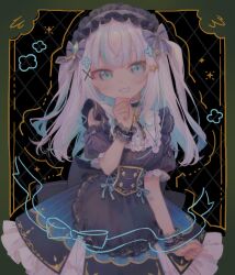  1girl apron ars_almal ars_almal_(7th_costume) black_apron black_dress blue_eyes border commentary cowboy_shot detached_sleeves dress frilled_cuffs frilled_dress frilled_hairband frills green_border hairband hand_on_own_chin hand_up highres lolita_fashion long_hair looking_at_viewer multicolored_hair nijisanji oyu_uo puffy_detached_sleeves puffy_short_sleeves puffy_sleeves short_sleeves smile solo standing streaked_hair striped_clothes striped_dress two_side_up untranslatable_commentary vertical-striped_clothes vertical-striped_dress vertical-striped_sleeves virtual_youtuber waist_ribbon white_hair 