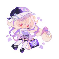  1girl bag black_hat black_shoes black_shorts blonde_hair blush braid caramel_choux_cookie chibi chibi_only closed_mouth commentary cookie_run dot_nose double-parted_bangs full_body hair_between_eyes hat holding holding_bag long_hair purple_shirt red_eyes reed_(makuri_reed) shirt shoes shorts simple_background smile solo standing thick_eyebrows thigh-highs twin_braids untranslatable_commentary white_background white_thighhighs 
