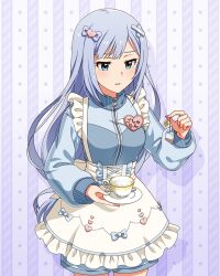  1girl apron blue_eyes blue_hair blue_jacket bow breasts card_commentary commentary_request cowboy_shot cup game_asset hair_bow hair_ornament heart heart_hair_ornament holding holding_plate idolmaster idolmaster_million_live! idolmaster_million_live!_theater_days jacket jersey_maid jersey_maid_girl_(idolmaster) long_hair long_sleeves maid official_alternate_costume official_art plate shiraishi_tsumugi solo standing teacup third-party_source track_jacket unconventional_maid waist_apron white_apron x_hair_ornament 