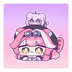  2girls :3 animal_ear_fluff animal_ears black_hairband blush_stickers bright_pupils cat_ears cat_girl cat_tail chibi chibi_only closed_mouth commentary_request crossed_bangs double-parted_bangs full_body gradient_background hair_between_eyes hair_intakes hairband highres hololive human_stacking multiple_girls nekomata_okayu panther_ears panther_girl panther_tail pink_background pink_hair purple_background purple_hair raora_panthera short_hair smile tail violet_eyes virtual_youtuber white_pupils yananang yellow_eyes 