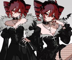  1girl aki_achimara_xd alternate_costume bat_(animal) black_choker black_dress choker cross cross_earrings cross_necklace dress drill_hair ear_piercing earrings fishnets goth_fashion highres jewelry juliet_sleeves kasane_teto long_sleeves looking_at_viewer multiple_views necklace piercing puffy_sleeves red_eyes red_hair ring twin_drills utau 