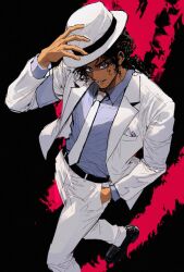 1boy adjusting_clothes adjusting_headwear black_background black_hair black_shoes blue_shirt bul_jelly collared_shirt commentary curly_hair dark-skinned_male dark_skin dress_shirt hand_in_pocket hat jacket looking_at_viewer male_focus medium_hair michael_jackson necktie open_clothes open_jacket pants real_life red_background shirt shoes solo suit two-tone_background white_hat white_jacket white_necktie white_pants 