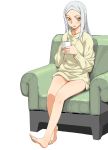  absurdres barefoot blush bottomless chair cup feet gundam gundam_00 highres initial-g long_hair long_sleeves silver_hair sitting soma_peries sweatdrop yellow_eyes 