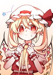  1girl alternate_hairstyle ascot blonde_hair collared_shirt commentary_request crystal crystal_wings flandre_scarlet frilled_shirt_collar frills gradient_background hands_in_own_hair hat hat_ribbon highres illust_atelier3 mob_cap multicolored_wings one-hour_drawing_challenge orange_background pointy_ears red_eyes red_skirt red_vest red_wrist_cuffs ribbon shirt skirt skirt_set solo sweatdrop touhou twintails twintails_day vest white_hat white_shirt wings wrist_cuffs yellow_ascot 