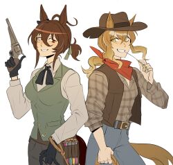 2girls absurdres agnes_tachyon_(umamusume) ahoge alternate_costume animal_ears bandana bandana_around_neck belt black_bow black_gloves blue_pants boro^2 bow breasts brown_belt brown_hair brown_vest collared_shirt cork cowboy_shot ears_through_headwear fang gloves green_vest grey_pants grin gun hair_between_eyes highres holding holding_gun holding_lasso holding_weapon horse_ears horse_girl horse_tail jungle_pocket_(umamusume) lasso long_sleeves medium_breasts medium_hair monochrome monocle mouth_hold multiple_girls open_clothes open_mouth open_vest pants plaid_clothes plaid_shirt red_bandana red_eyes revolver rope shirt simple_background smile stalk_in_mouth tail teeth test_tube umamusume vest weapon white_shirt yellow_eyes 