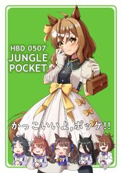  6+girls absurdres agnes_tachyon_(umamusume) ahoge animal_ears bag black_hair blush bow breasts brown_hair burger character_name checkered_ribbon closed_eyes closed_mouth coat commentary_request dantsu_flame_(umamusume) dress ear_covers ear_ribbon ear_tag earrings food fuji_kiseki_(umamusume) gloves grimmyhiji hair_between_eyes hairband handbag happy_birthday highres holding holding_beaker holding_burger holding_food horse_ears horse_girl horse_tail huge_ahoge jam_(umamusume) jewelry jungle_pocket_(umamusume) lab_coat long_bangs long_hair long_hair_between_eyes long_sleeves manhattan_cafe_(umamusume) medium_hair multicolored_hair multiple_girls necklace notched_ear open_mouth pink_hairband red_eyes shirt short_hair single_earring small_breasts tail tosen_jordan_(umamusume) twintails umamusume very_long_hair white_coat white_dress white_gloves white_hair yellow_bow yellow_eyes 