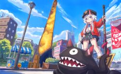  1girl absurdres black_hat black_socks blue_eyes blue_sky cardigan chinese_commentary closed_mouth clouds commentary_request grey_hair hand_on_own_hip hat highres holding holding_sign hongxing_zhadan_pi_pipa horns looking_at_viewer neverness_to_everness red_cardigan road_sign sakiri_(neverness_to_everness) shirt short_hair short_hair_with_long_locks sidelocks sign single_horn sky socks solo white_shirt 