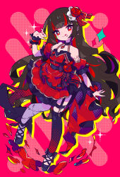  1girl :3 :q bare_shoulders black_shoes black_thighhighs blunt_bangs blush bow bright_pupils brown_hair closed_mouth commentary_request commission detached_sleeves dress drop_shadow flower frilled_wrist_cuffs frills full_body garter_straps hair_flower hair_ornament hand_up highres honoca6190 jewelry long_hair looking_at_viewer multicolored_hair original pendant red_background red_bow red_dress red_eyes red_flower red_rose red_sleeves red_streaks rose shoes short_dress short_sleeves skeb_commission sleeveless sleeveless_dress smile solo sparkle standing streaked_hair thigh-highs tongue tongue_out white_pupils wrist_cuffs 