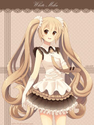  1girl :d alternate_color alternate_costume alternate_hair_color bare_shoulders blonde_hair borrowed_design brown_eyes brown_necktie brown_skirt brown_theme character_name choco_girl commentary cowboy_shot dav-19 english_commentary frilled_shirt frilled_shirt_collar frilled_skirt frills gloves hair_ornament hand_up hatsune_miku long_hair looking_at_viewer necktie shirt skirt sleeveless sleeveless_shirt smile solo standing very_long_hair vocaloid white_gloves white_shirt 