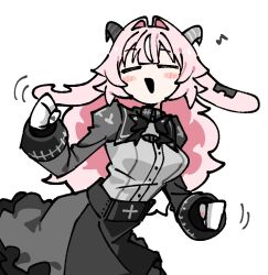  1girl animal_ears apron asymmetrical_horns backward-facing_horns bell bell_bow black_apron black_bow black_bowtie black_mouth blush bow bowtie closed_eyes colored_saliva cross cum cum_on_body dancing facial femme_soule fingernail_gloves goat_ears goat_horns happy horns inverted_cross long_hair long_sleeves mismatched_horns odyk open_mouth pink_hair pukey_goddess_shot_trick smile solo 
