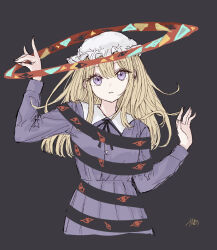  1girl album_cover_redraw black_ribbon blonde_hair buttons collared_dress commentary contrast_collar derivative_work dress grey_background hair_between_eyes hat highres kashiwada_kiiho long_hair long_sleeves maribel_hearn mob_cap neck_ribbon parody parted_lips purple_dress ribbon sidelocks signature simple_background solo touhou violet_eyes white_hat 