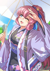 1girl absurdres alternate_hairstyle bag black_kimono blue_eyes blue_sky breasts building commentary_request floral_print gundam gundam_seed gundam_seed_destiny hair_ribbon handbag haori highres japanese_clothes kimono large_breasts looking_up meer_campbell obi one_eye_closed open_mouth pink_hair ponytail profile purple_haori ribbon sash sky skyscraper smile solo star_(symbol) tree umibeno_hama upper_body wide_sleeves 