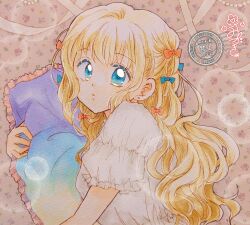  1girl artist_name blonde_hair blue_bow blue_eyes bow commentary english_commentary frilled_nightgown frills from_side fukatsuki_mizuki hair_bow highres hugging_object lens_flare long_hair looking_at_viewer looking_to_the_side nightgown orange_bow original parted_lips pillow pillow_hug pink_ribbon ribbon solo traditional_media turning_head upper_body watermark white_nightgown 
