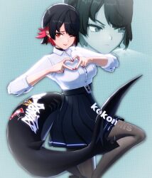  1girl absurdres artist_name belt black_choker black_hair breasts choker colored_inner_hair ear_piercing earclip ellen_joe ellen_joe_(on_campus) fins fish_tail four-finger_heart_hands heart heart_hands highres kokomils large_breasts large_tail looking_at_viewer mole mole_under_eye multicolored_hair official_alternate_costume one_eye_closed pantyhose piercing posing pout red_eyes red_hair red_nails scar scar_on_tail shark_girl shark_tail shirt short_hair shy skirt tail white_shirt zenless_zone_zero 