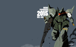  2015 beam_naginata beam_rifle character_name commentary_request dated dust_cloud energy_gun energy_sword english_text gelgoog glowing glowing_eye gundam happy_new_year ke_yukikaze mecha mecha_focus mobile_suit mobile_suit_gundam no_humans one-eyed original radio_antenna red_eyes redesign robot roundel running_towards_viewer science_fiction signature sword weapon zeon 