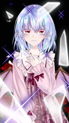  1girl alternate_costume bat_wings black_background blue_hair bow clothing_request commentary_request contrast_collar dress floral_print flower frilled_shirt_collar frills hand_on_own_chest highres long_sleeves marimohu_starry medium_hair missing_headwear pink_dress pointy_ears purple_bow red_eyes red_flower red_nails red_rose remilia_scarlet rose shards sleeves_past_wrists solo sparkle touhou wings 