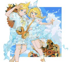  1boy 1girl absurdres aqua_eyes arm_up bandaid bandaid_on_knee bandaid_on_leg bare_legs beamed_eighth_notes blonde_hair blue_sky bouquet braid breasts brother_and_sister clouds collar commentary_request crop_top eighth_note flower flower-shaped_bag frilled_collar frilled_sleeves frills hair_ornament hair_ribbon hairclip hat highres holding holding_bouquet jacket kagamine_len kagamine_rin leg_up medium_hair midriff mob_cap musical_note musical_note_hair_ornament number_tattoo open_mouth over_shoulder plaid_clothes plaid_shorts plaid_skirt quarter_note ribbon sandals see-through_clothes see-through_jacket see-through_sleeves shirt short_braid shorts shoulder_tattoo siblings skirt sky small_breasts smile spiky_hair sunflower swept_bangs tattoo twin_braids twins vocaloid white_hat white_shirt white_shorts white_skirt yonikki 