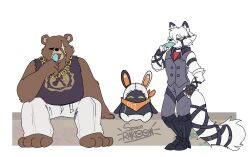  2boys animal_ears artist_name bangboo_(zenless_zone_zero) bear_boy bear_ears ben_bigger black_pants black_tank_top black_vest brown_fur chain chain_necklace closed_eyes commentary english_commentary eous_(zenless_zone_zero) food furry furry_male highres holding holding_food holding_popsicle jewelry male_focus mechanical_legs multiple_boys neckerchief necklace non-humanoid_robot orange_neckerchief pants popsicle rabbit_ears robot scar scar_across_eye scar_on_face shirt sitting spacerakoon tail tank_top tongue tongue_out vest von_lycaon white_background white_pants white_shirt wolf_boy wolf_ears wolf_tail zenless_zone_zero 