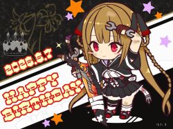  1girl arm_strap arm_up artist_name assault_lily bandaged_weapon bandages belt birthday_cake black_background black_ribbon black_skirt black_thighhighs blunt_bangs blush boots borrowed_weapon bow braid braided_hair_rings brown_gloves brown_hair cake chibi chibi_only closed_mouth commentary cropped_jacket crossed_bandaids dated dirty dirty_face double-sided_wrench floral_background food full_body gloves grey_boots hair_ribbon hair_rings hand_up happy_birthday high-waist_belt holding holding_sword holding_weapon holding_wrench hood hood_down hotaru_(ultraroly_poly) imai_seira long_hair looking_at_object loose_socks miniskirt partially_fingerless_gloves pleated_skirt red_eyes red_ribbon ribbon school_uniform shirt short_sleeves single_thighhigh skirt smile socks solo sparkle standing star_(symbol) sword thigh-highs twintails two-tone_background two-tone_ribbon underbust very_long_hair weapon white_background white_bow white_shirt white_socks wiping_forehead wrench yurigaoka_girls_academy_school_uniform 