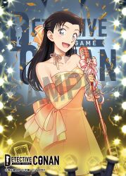  1girl :d alternate_hairstyle black_hair blue_eyes bow choker collarbone confetti copyright_logo copyright_notice cowboy_shot dress elbow_gloves gloves grey_background hair_bow head_tilt holding holding_microphone_stand logo long_hair meitantei_conan meitantei_conan_card_game microphone_stand miyamoto_yumi nagisa_mmm official_art open_mouth orange_bow orange_choker orange_dress orange_gloves pink_bow sample_watermark smile solo stage_lights standing strapless strapless_dress streamers trading_card watermark 