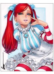  1girl artist_name blue_background blue_eyes blue_gem blue_shirt border bow breasts commentary dress earrings english_commentary freckles frilled_dress frilled_shirt_collar frilled_skirt frilled_sleeves frills gem hair_bow hand_on_own_cheek hand_on_own_face jacket jewelry long_hair long_sleeves looking_at_viewer makeup marker_(medium) mascara medium_breasts omar_dogan pantyhose pink_lips puffy_short_sleeves puffy_sleeves red_hair red_pantyhose shirt short_sleeves sitting skirt solo striped_clothes striped_pantyhose striped_shirt striped_thighhighs swept_bangs teeth thigh-highs traditional_media two-tone_background upper_teeth_only vertical-striped_clothes vertical-striped_shirt wendy's wendy_(wendy's) white_background white_border white_pantyhose white_shirt 
