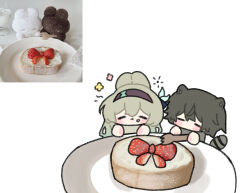  1boy 1girl animal_ears blue_ribbon brown_hairband caelus_(honkai:_star_rail) closed_eyes commentary cupcake eating firefly_(honkai:_star_rail) food fork fruit grey_hair hair_between_eyes hair_intakes hair_ornament hairband highres holding holding_fork honkai:_star_rail honkai_(series) raccoon_ears raccoon_tail ribbon scene_reference shuga_nim strawberry tail trailblazer_(honkai:_star_rail) untranslatable_commentary 