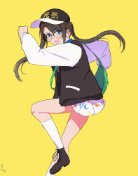  1girl :d absurdres bag baseball_cap black-framed_eyewear black_boots black_hat black_jacket blue_eyes boots brown_hair commentary_request dated fanny_pack floating_hair foot_out_of_frame from_side glasses green_bag hands_up hat highres idolmaster idolmaster_shiny_colors jacket leg_up long_hair looking_at_viewer miniskirt mitsumine_yuika multicolored_jacket open_clothes open_jacket open_mouth pleated_skirt simple_background skirt smile socks solo twintails two-tone_jacket white_jacket white_skirt white_socks yellow_background ywr 