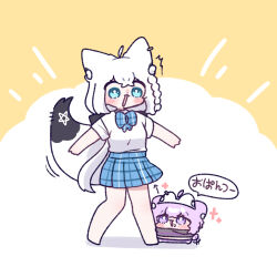  2girls :3 :d animal_ear_fluff animal_ears arrow_(symbol) barefoot blue_bow blue_bowtie blue_eyes blue_skirt blush bow bowtie bright_pupils cat_ears cat_girl cat_tail chibi collared_shirt commentary_request crossed_bangs double-parted_bangs fox_ears fox_girl fox_tail full_body hair_between_eyes highres hololive long_hair mini_person minigirl miniskirt multiple_girls nekomata_okayu open_mouth plaid_bow plaid_bowtie plaid_clothes plaid_skirt pleated_skirt purple_hair shirakami_fubuki shirt short_hair short_sleeves skirt smile standing surprised tail v-shaped_eyebrows violet_eyes virtual_youtuber white_hair white_pupils white_shirt yananang 