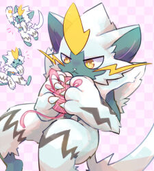  alternate_color animal_focus animal_nose black_fur body_fur cat checkered_background chibi chibi_inset claws commentary english_commentary furry multicolored_fur pawpads pink_background plum!_(plumcea) pokemon pokemon_(creature) pokemon_focus shiny_pokemon two-tone_fur whiskers white_fur yarn yarn_ball yellow_eyes yellow_fur zeraora 