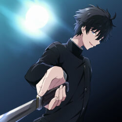  1boy ahoge azami_masurao black_hair black_jacket blue_eyes buttons folding_knife full_moon gakuran hair_between_eyes highres holding holding_knife holding_weapon jacket knife looking_at_viewer male_focus melty_blood messy_hair moon nanatsu-yoru nanaya_shiki night outstretched_arm outstretched_hand school_uniform short_hair smile solo switchblade tsukihime weapon 