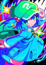  1girl absurdres backpack bag blue_boots blue_eyes blue_hair blue_shirt blue_skirt boots closed_mouth commentary_request flat_cap green_hat hair_bobbles hair_ornament hand_on_headwear hat highres ishiki_nuru kawashiro_nitori long_sleeves looking_at_viewer rubber_boots shirt short_hair skirt smile solo touhou two_side_up watermark 